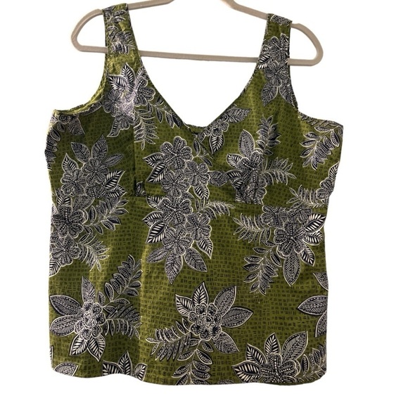 TALBOTS top, Large, sleeveless, short length Green and black floral. Fully Lined - Picture 1 of 6